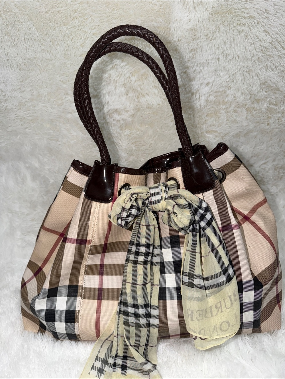Plaid Tote Bag with Scarf Accent - Brown/Beige
